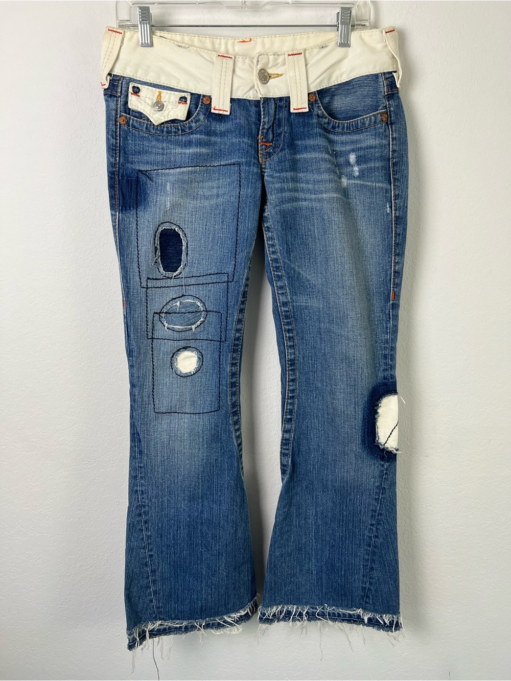 True Religion Joey Reconstructive Rip Repair & Patches White Waist Flair Jean
